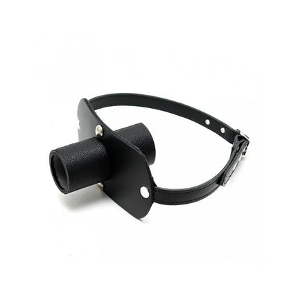 Mouthgag-Adjustable premium black leather mouth gag with adjustable strap and leather-covered tube for comfortable BDSM play.