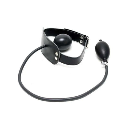 Mouthgag-Adjustable black leather BDSM restraint with inflatable globe and pump for precise control and comfort.