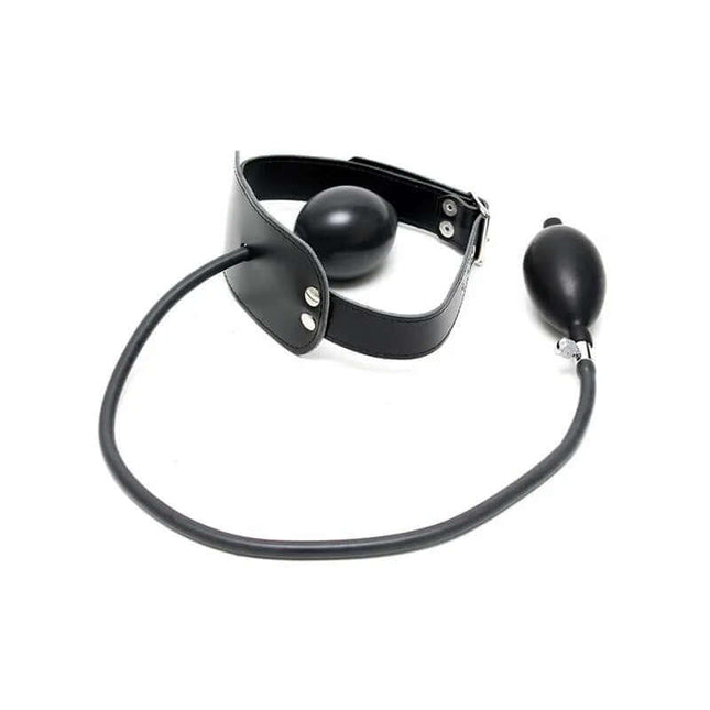 Mouthgag-Adjustable black leather BDSM restraint with inflatable globe and pump for precise control and comfort.