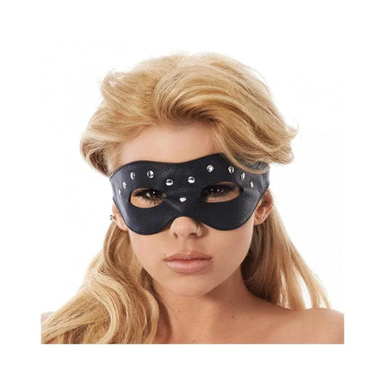 Woman wearing Eyemask-Adjustable black leather mask for BDSM sensory play and role-play