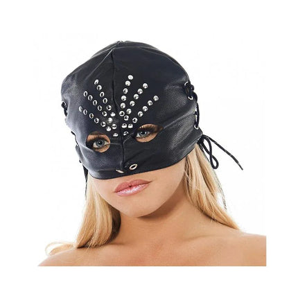 Mask-Adjustable leather half-head mask with rivets, black leather, adjustable cotton laces, eyes exposed, bold design.