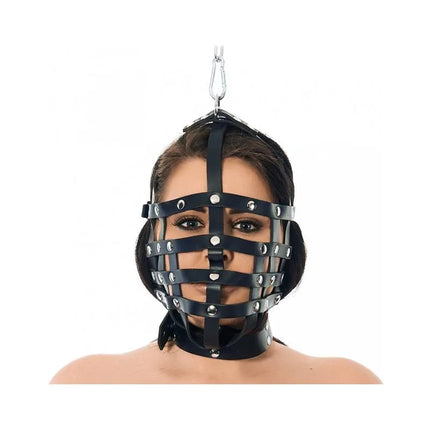Mask-Adjustable black leather muzzle mask with hanging ring and adjustable back straps for BDSM exploration.