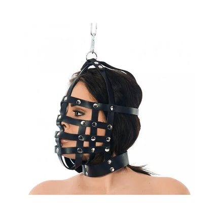 Mask-Adjustable black leather muzzle mask with adjustable back straps, featuring a striking design for immersive BDSM experiences.