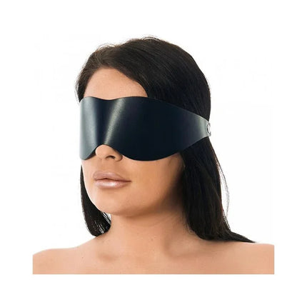 Person wearing Blindfold-Adjustable black leather mask with metal buckles, ideal for BDSM play, adjustable for secure fit.