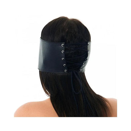 Rear view of a person wearing a Blindfold-Adjustable black leather mask with back-tie design and nose opening.