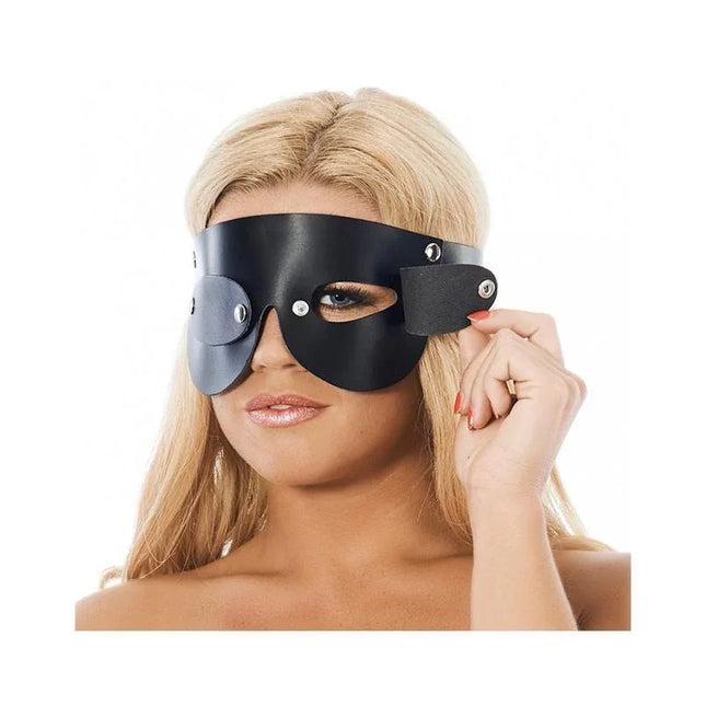 Model wearing Eyemask-Adjustable with split leather material and metal buckle, showcasing BDSM sensory play features.