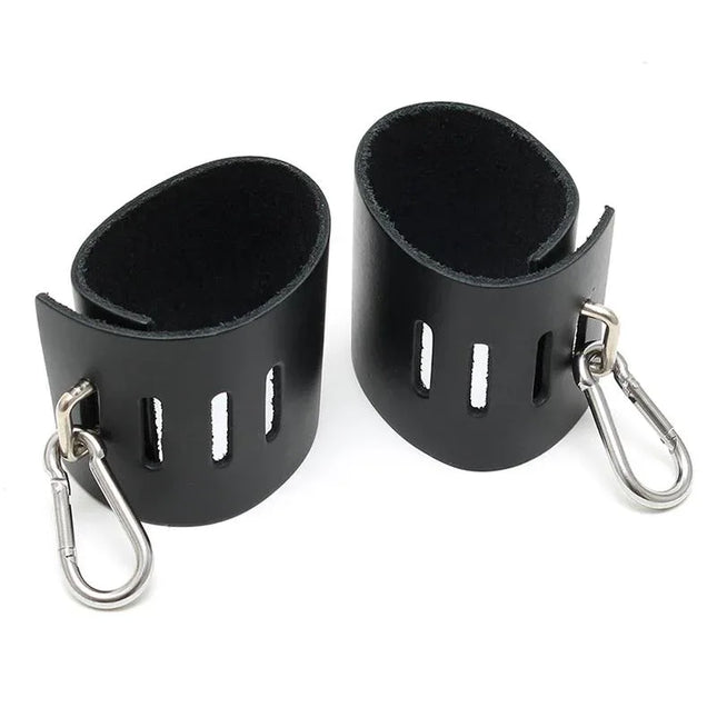 Cuffs-Adjustable premium leather black cuffs with secure carabine hooks for sensual role-play and comfort.