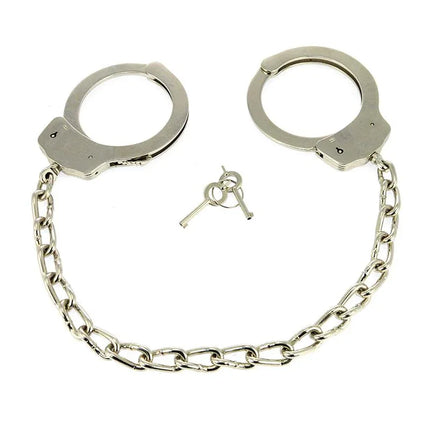 AnkleCuffs Adjustable Metal restraints with sleek silver finish and keys, ideal for playful and intimate settings.