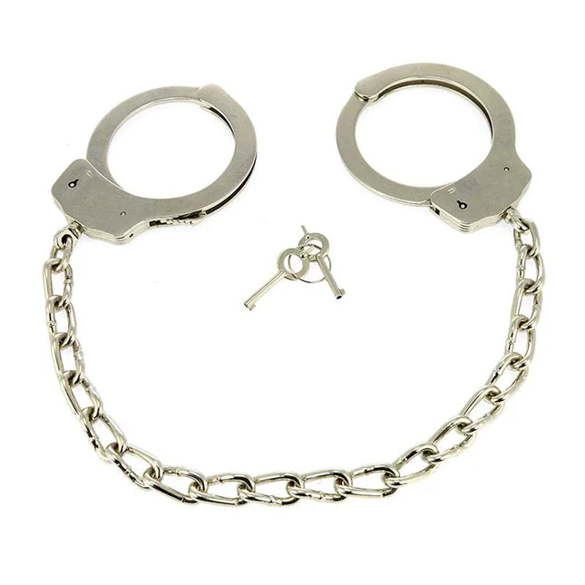 AnkleCuffs Adjustable Metal restraints with sleek silver finish and keys, ideal for playful and intimate settings.
