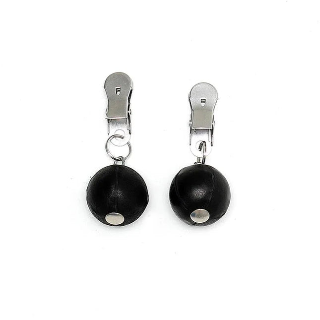 Nipple Clamps with Weights 150 gr, leather-covered black clamps with added weights for enhanced sensation.