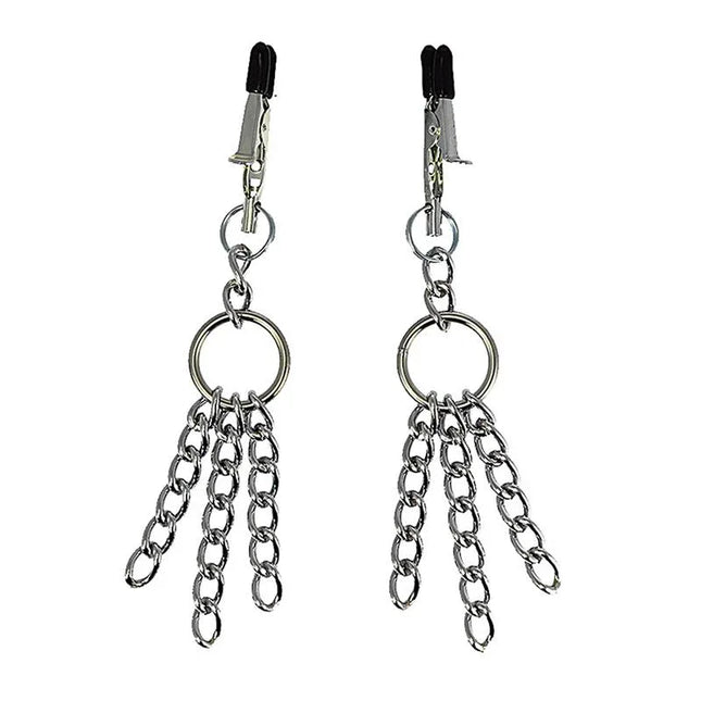 Nipple Clamps Metal with chains, designed for adjustable sensation and secure grip, featuring a nickel-free black finish for a discreet look.