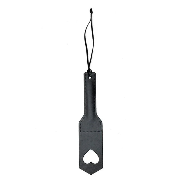 Paddle Heart 30 cm leather BDSM paddle with heart cutout, black leather, ideal for fantasy and impact play, 30 cm length.