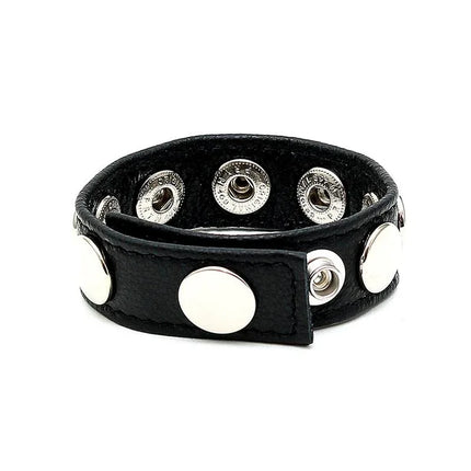 Penis Ring Adjustable - sleek black leather design with secure fit and silver accents. Enhance erections and delay ejaculation for extended play.