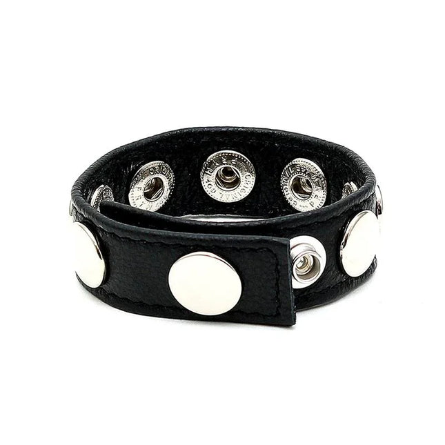 Penis Ring Adjustable - sleek black leather design with secure fit and silver accents. Enhance erections and delay ejaculation for extended play.