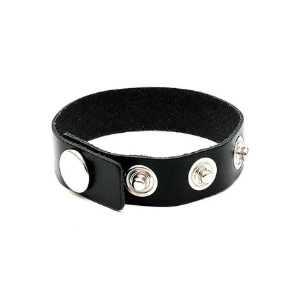 Black leather Penis Ring Adjustable with metal fasteners for customizable fit.