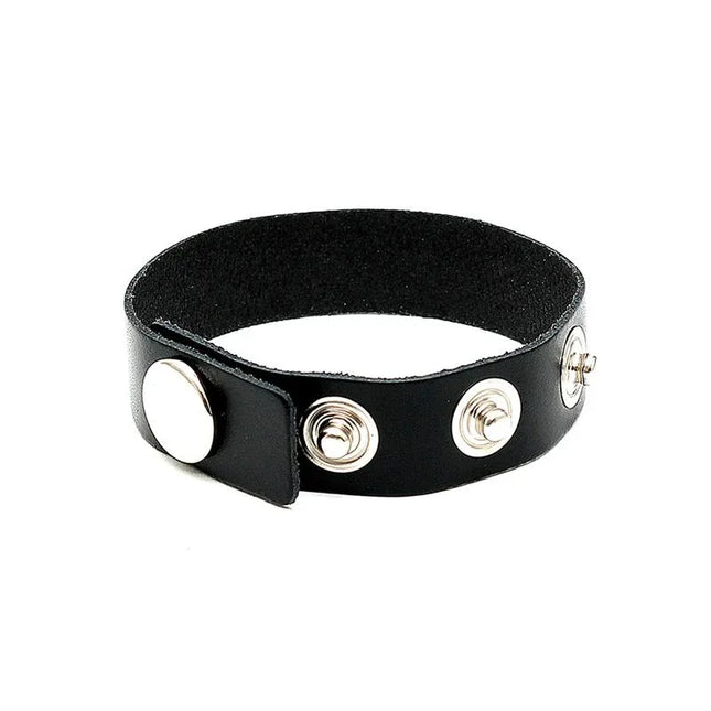 Black leather Penis Ring Adjustable with metal fasteners for customizable fit.