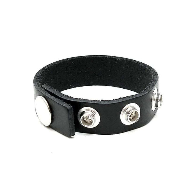 Penis Ring Adjustable in black premium leather with secure snaps for personalized fit and extended performance.