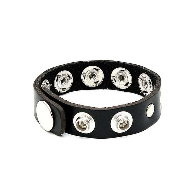 Penis Ring With Spikes Adjustable in black leather with snap closures for custom fit and enhanced sensations.