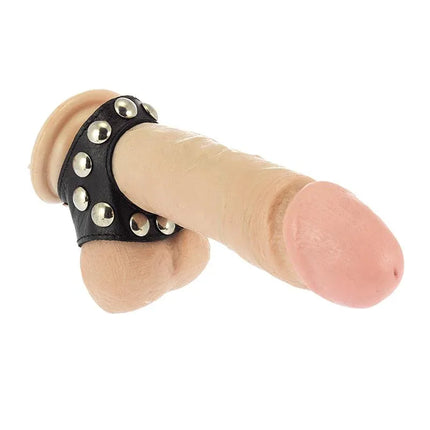 Penis Strap Adjustable leather cock ring on model with silver studs for enhanced performance and comfort.