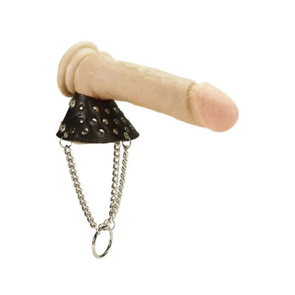 Ring for Testicles Adjustable in black leather and metal, featuring a secure fit and pressure buttons for customizable sizing.