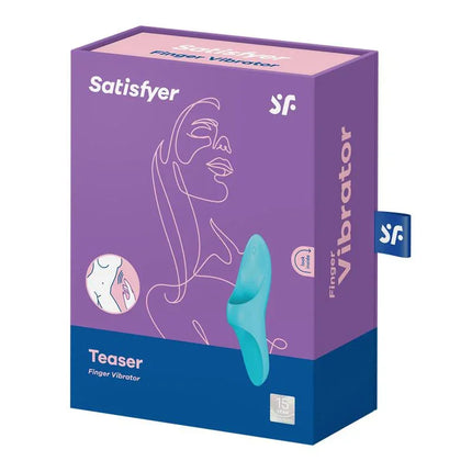 Teaser Finger Vibrator Light Blue packaging showcasing a versatile, compact toy for beginners and experienced users with 12 vibration modes.