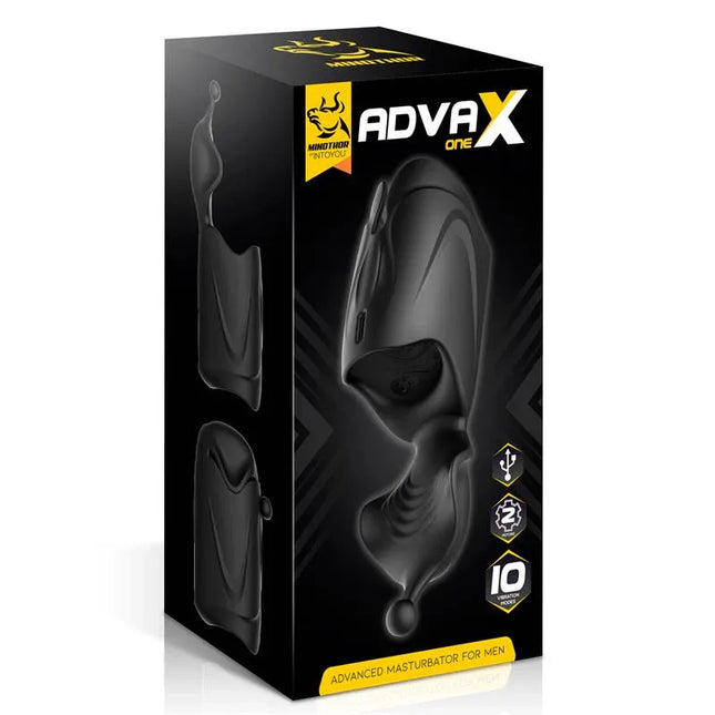 AdvaX One Masturbator Dual Motor Multiple Stimulation product packaging with advanced features for men.