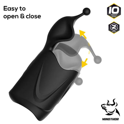 AdvaX One Masturbator Dual Motor Multiple Stimulation in black, showing easy open and close design with yellow arrows indicating movement.