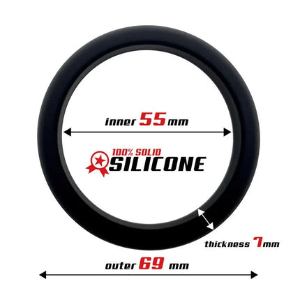 Black Cock Ring Solid Silicone 5.5 cm with measurements, showing inner 55mm, outer 69mm, and thickness 7mm.
