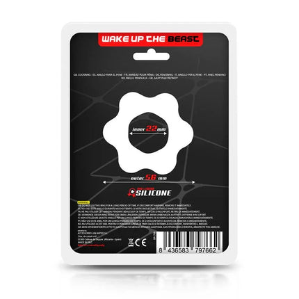 Back packaging of the Cock Ring Liquid Silicone 2.2 cm Black, highlighting size and material details on a black and white background.
