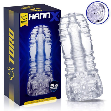 Hannx1 Ultimate Handjob Stroker Open Concept 5.9 product image with packaging and clear design