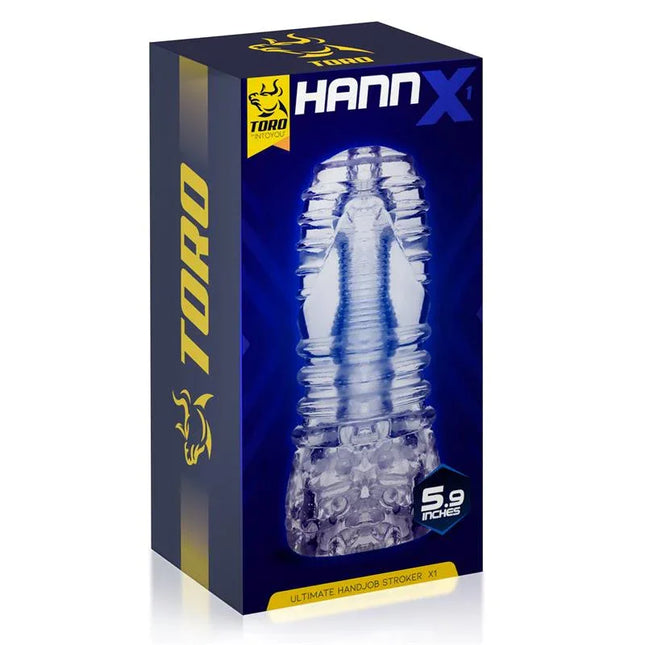 Hannx1 Ultimate Handjob Stroker Open Concept 5.9 packaging displaying product features and design