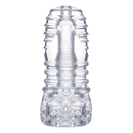 Hannx1 Ultimate Handjob Stroker Open Concept 5.9 male masturbator with transparent design and textured interior for heightened pleasure.