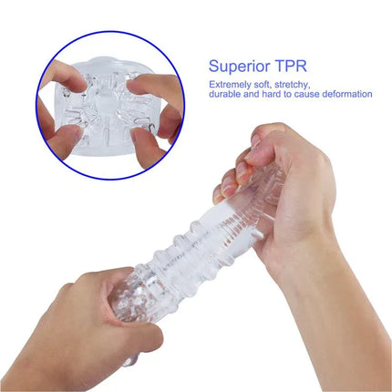 Hands holding Hannx1 Ultimate Handjob Stroker Open Concept 5.9 showcasing soft TPR material features.