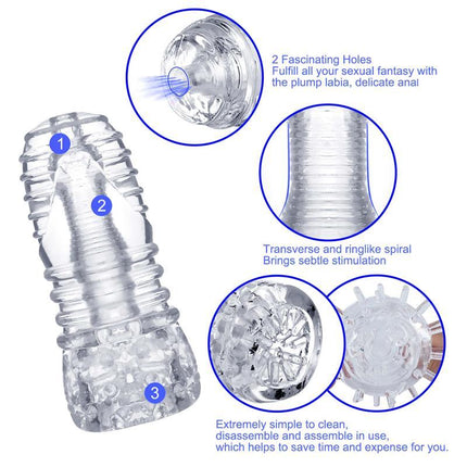 Hannx1 Ultimate Handjob Stroker Open Concept 5.9 showcasing features like ringlike spiral and dual openings for male comfort and control.