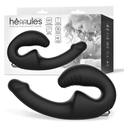 Herrules Strapless Strap-on Double Vibrator with packaging, dual black design for shared pleasure and versatility.