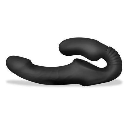 Black Strapless Strapon Double Vibrator with Remote Control for couples' customizable pleasure.