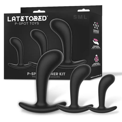 Set of 3 P-Spot Trainer Prostatic Massagers displayed with packaging, featuring progressive sizes S, M, L for targeted prostate stimulation.