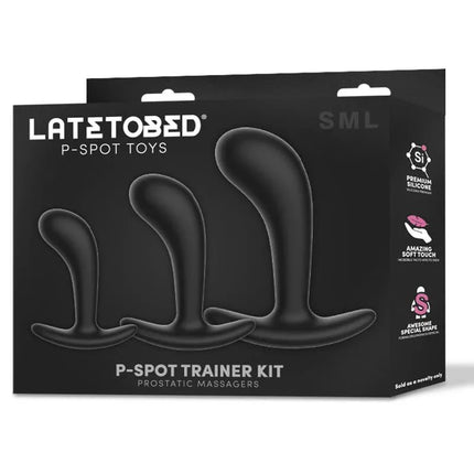 Set of 3 P-Spot Trainer Prostatic Massagers in packaging with sizes S, M, L, designed for prostate or perineum stimulation, black color.