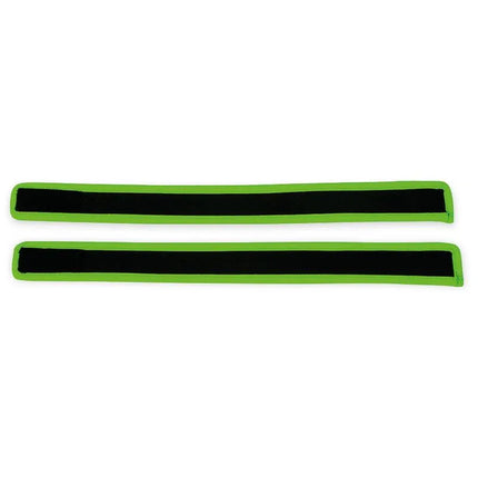 Glow in the Dark Velcro Armbands with luminous green and black design, featuring neoprene and vegan leather for comfort.