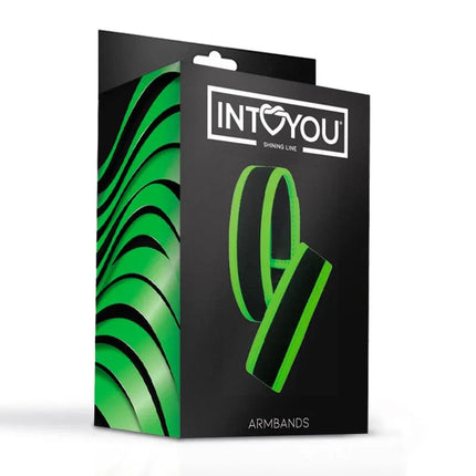 Packaging of Glow in the Dark Velcro Armbands with luminous green design on the box.