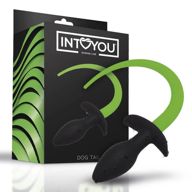 Glow in the Dark Dog Tail Butt Plug with packaging showing green glowing tail from Intoyou Shining Line, ideal for BDSM role-play.