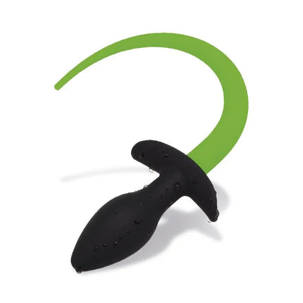 Glow in the Dark Dog Tail Butt Plug with luminous green tail on white background