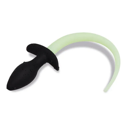 Glow in the Dark Dog Tail Butt Plug with luminous green silicone tail for BDSM role-play.