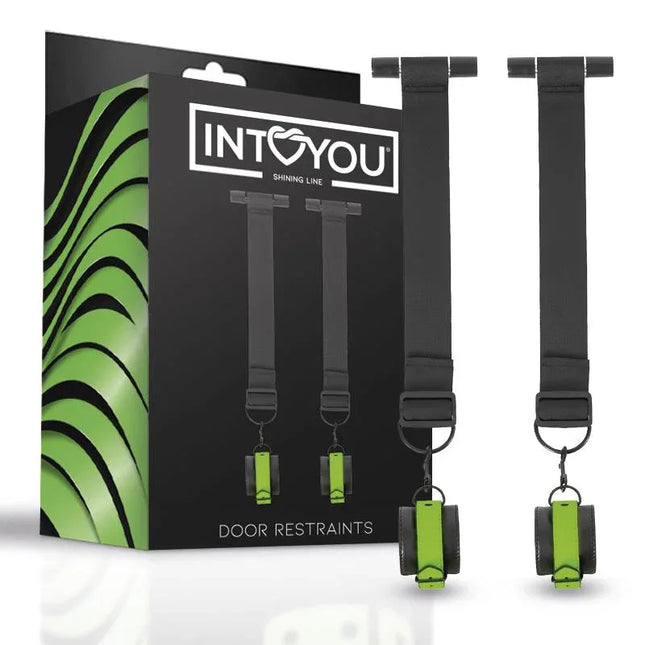 Glow in the Dark Door Restraints from Intoyou Shining Line, featuring BDSM door restraints with green detailing, package included.