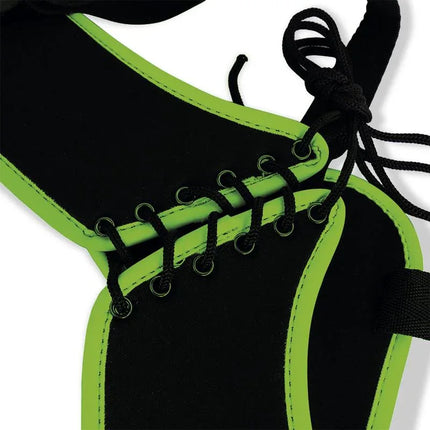 Close-up of Eiferes Glow in the Dark Adjustable Strap-On Harness Corset Style with vibrant green trim.