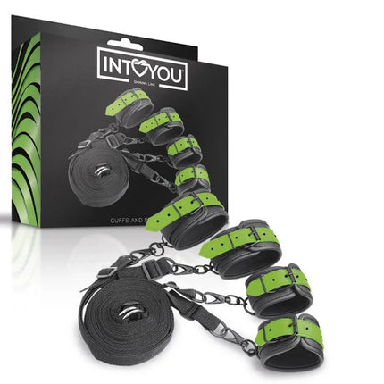 Glow in the Dark Cuffs and Restraints Bed Set by Intoyou featuring glow-in-the-dark vegan leather cuffs and straps for enhanced intimacy.