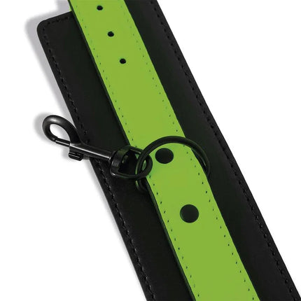 Glow in the Dark Cuffs and Restraints Bed Set featuring luminous vegan leather with black clasp for intimate exploration.