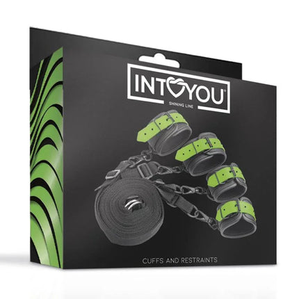 Packaging of Glow in the Dark Cuffs and Restraints Bed Set by Intoyou Shining Line, featuring luminous vegan leather cuffs and restraints.