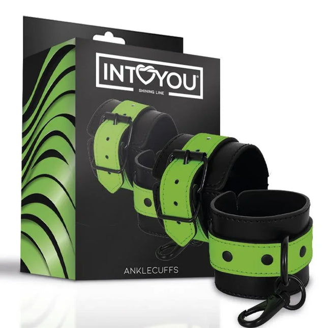 Glow in the Dark Anklecuffs with green vegan leather design by Intoyou Shining Line, featuring neoprene for comfort and safety.