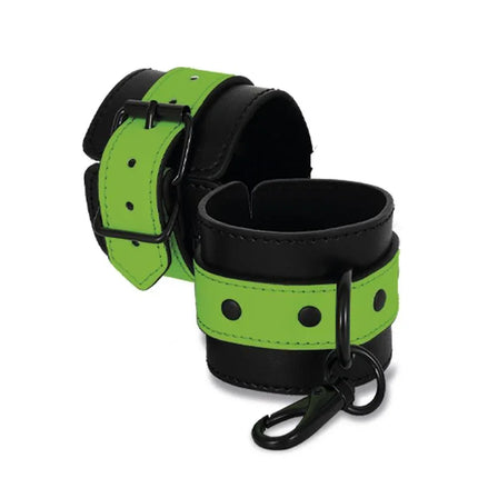Glow in the Dark Anklecuffs in neon green and black, made of neoprene and vegan leather for comfort and style.